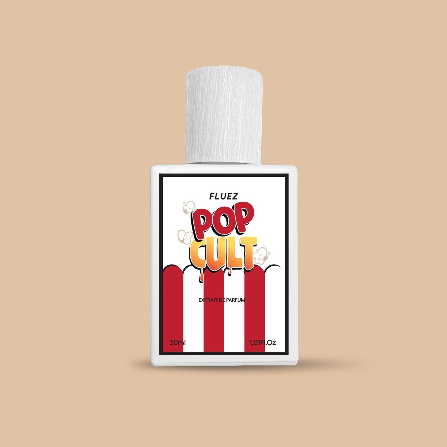 Fluez Popcult, flacone bianco frontale su sfondo beige