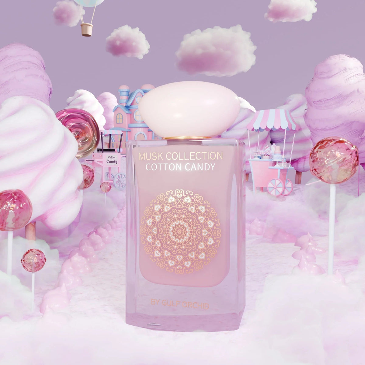 Gulf Orchid Cotton Candy 60 ml — flacone in ambientazione rosa, fotografia ufficiale Gulf Orchid