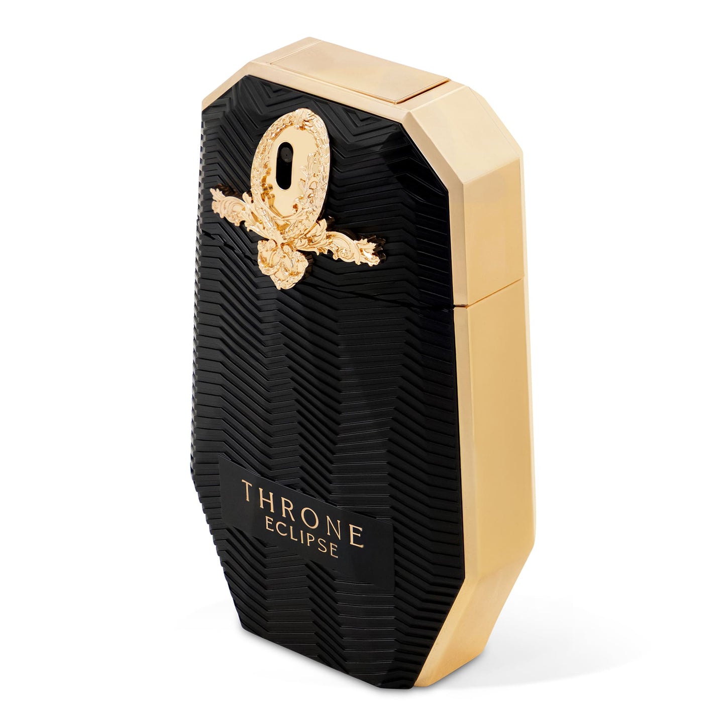 Maison Asrar Throne Eclipse Eau de Parfum 100 ml – flacone nero e oro in vista angolata