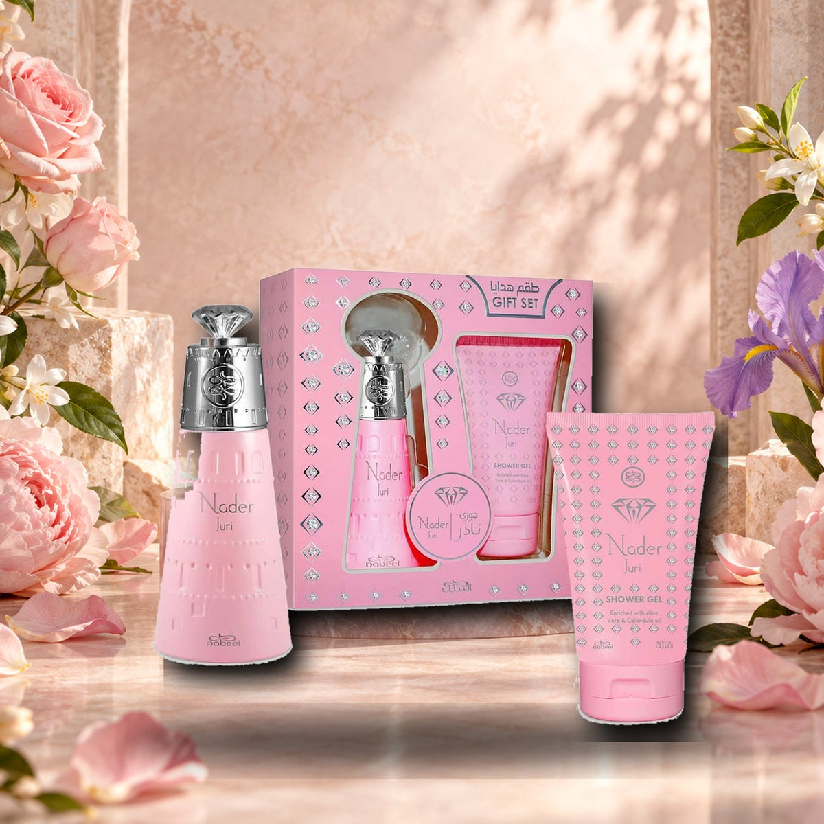 NABEEL - JURI + SHOWER GEL - dettaglio in ambientazione floreale elegante