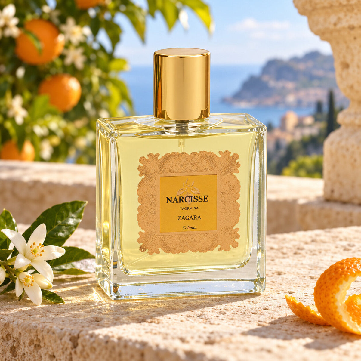 NARCISSE TAORMINA - ZAGARA – dettaglio del flacone in ambientazione dedicata