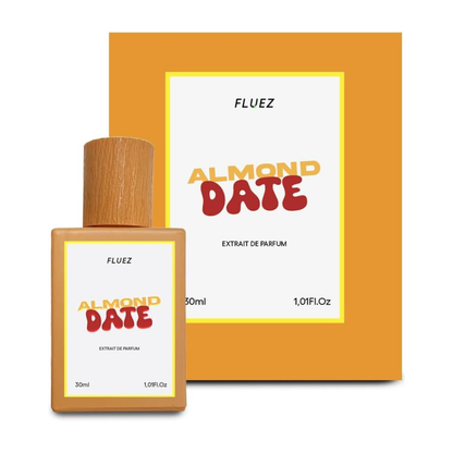 Fluez Almond Date, flacone con etichetta bianca e confezione arancione
