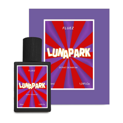 Fluez Lunapark, flacone nero e confezione viola