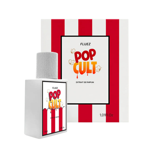 Fluez Popcult, flacone bianco e confezione a righe rosse