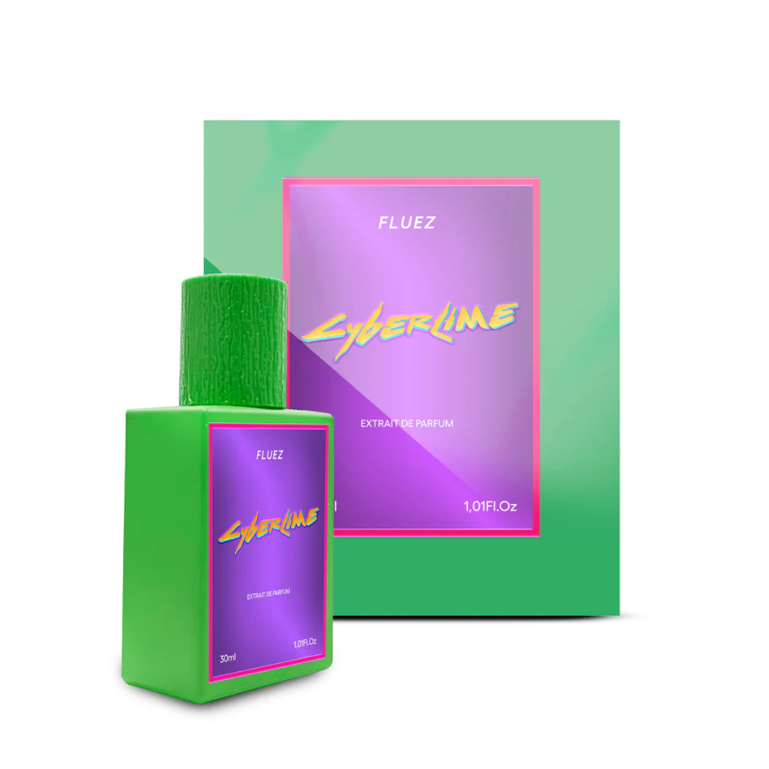 Fluez Cyberlime, flacone verde con etichetta viola e confezione coordinata