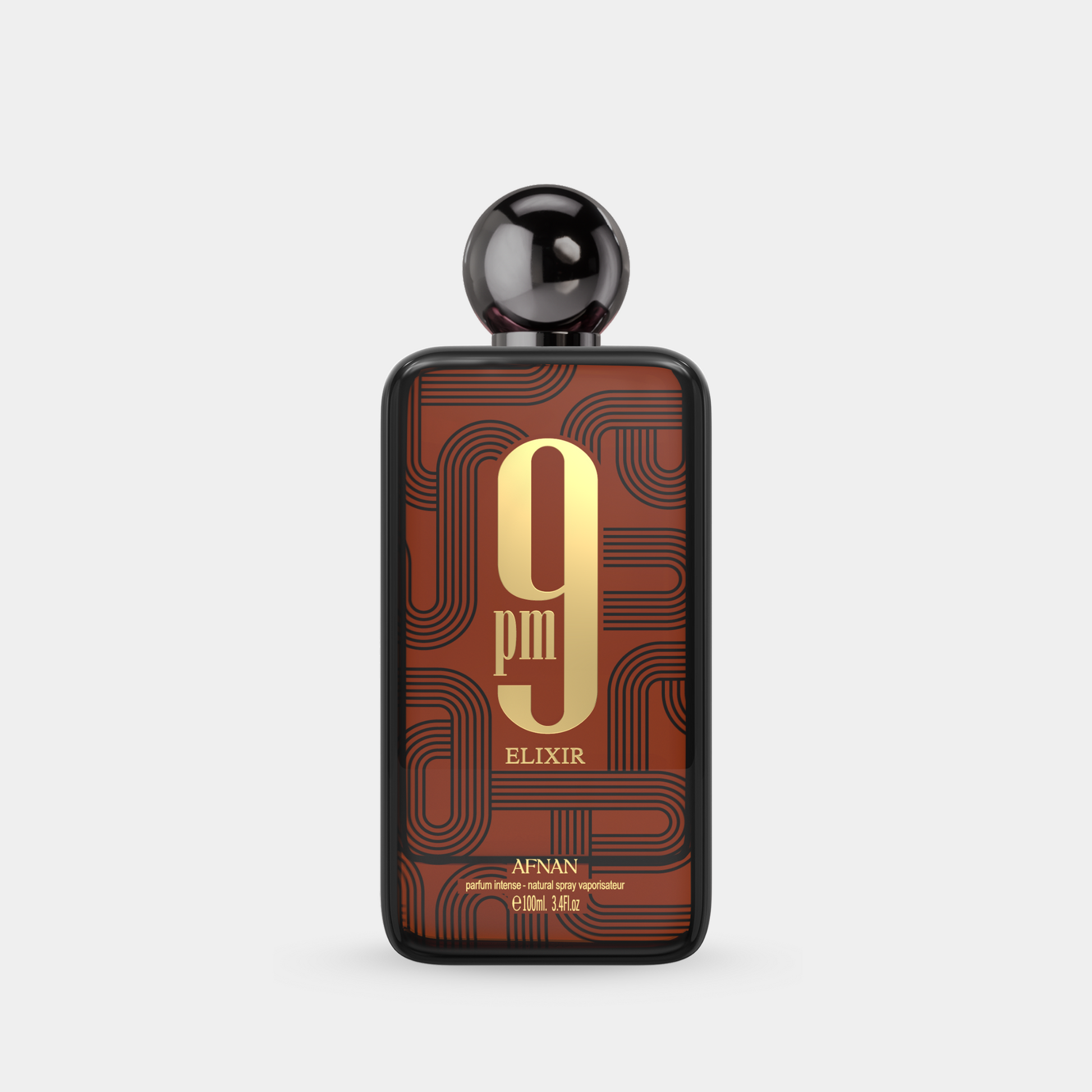 Afnan 9 PM Elixir 100 ml – flacone ufficiale vista frontale