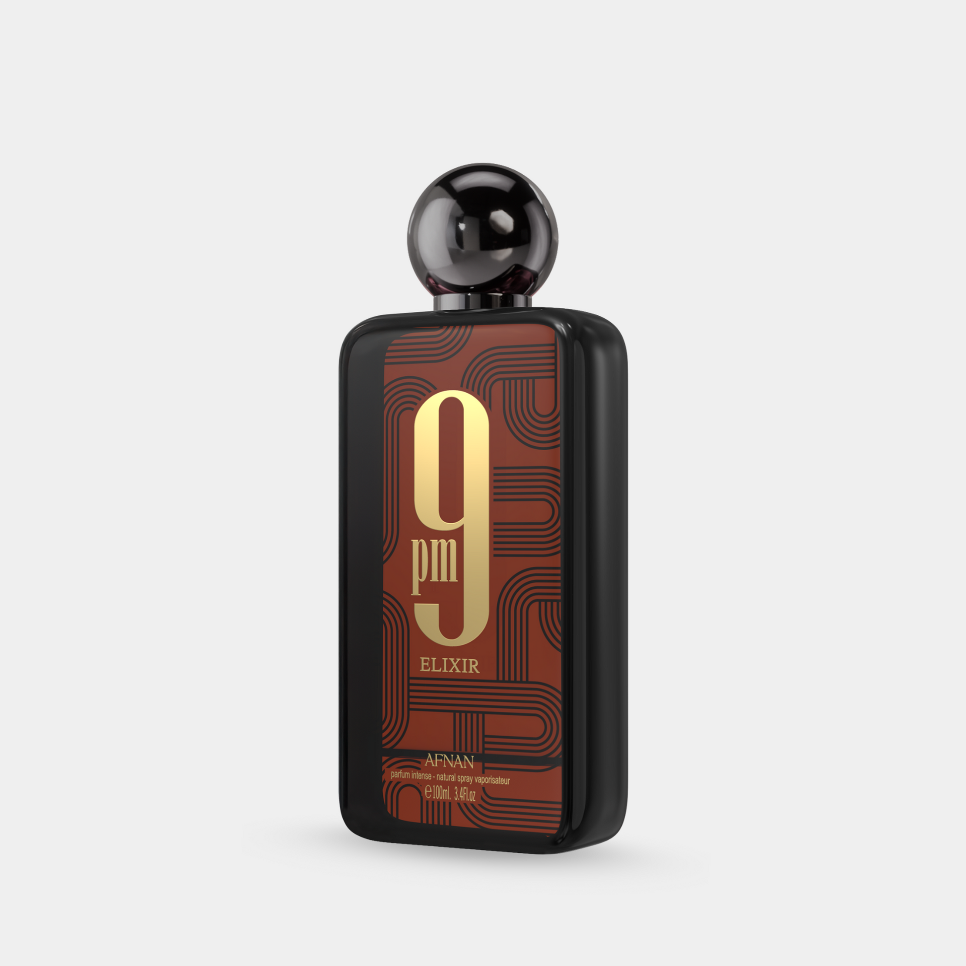 Afnan 9 PM Elixir 100 ml – flacone ufficiale vista a tre quarti