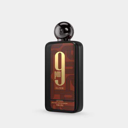 Afnan 9 PM Elixir 100 ml – flacone ufficiale vista a tre quarti