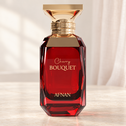 AFNAN - CHERRY BOUQUET, flacone frontale centrale ravvicinato con sfondo leggero