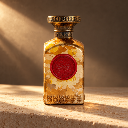 ANFAS ISHQ — flacone in luce radente, ambientazione creata con IA