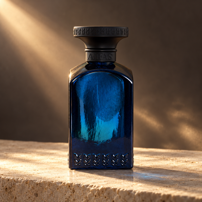 ANFAS SAMA — flacone in luce radente, ambientazione creata con IA