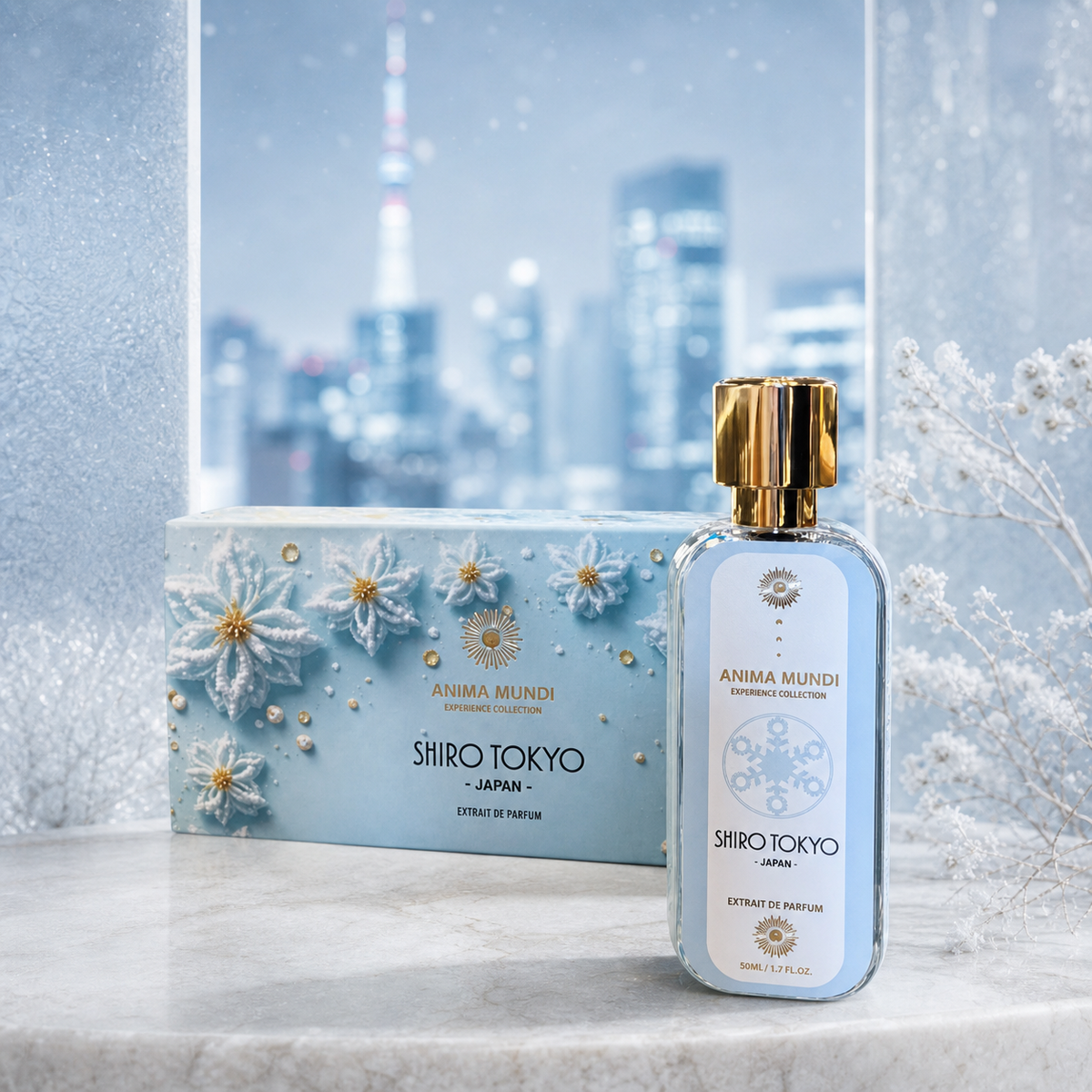 Anima Mundi Shiro Tokyo, flacone e confezione in un paesaggio giapponese invernale