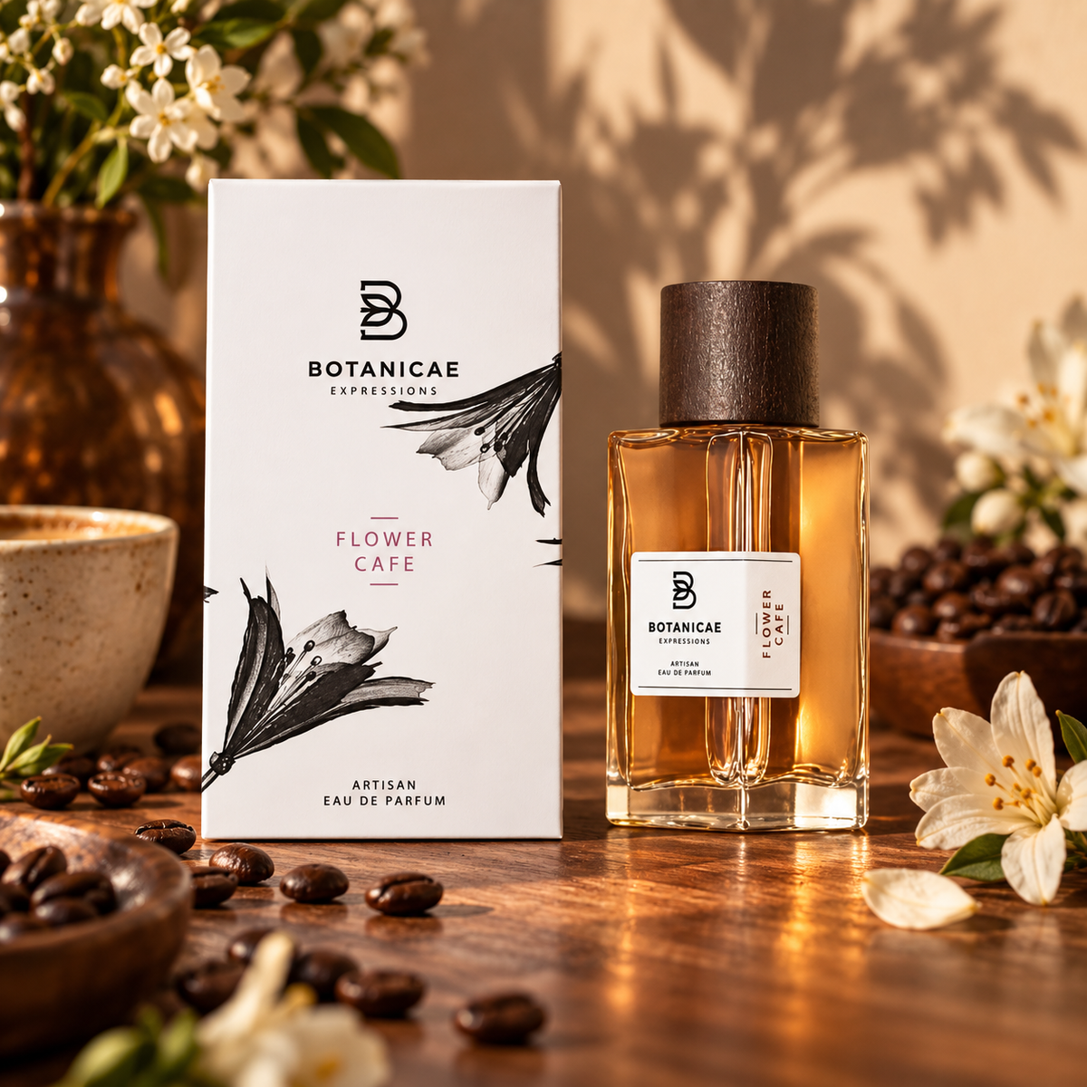 Botanicae Flower Cafe con confezione in still life floreale e caffè