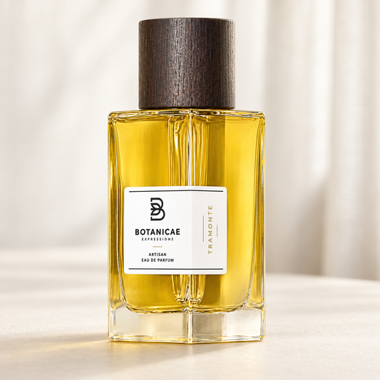 BOTANICAE - TRAMONTE, flacone frontale centrale ravvicinato con sfondo leggero