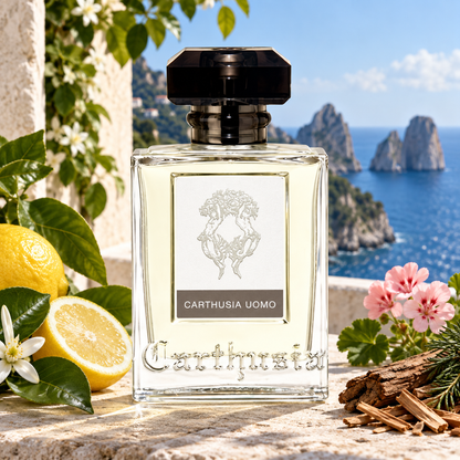 Carthusia Uomo tra agrumi, geranio e panorama di Capri