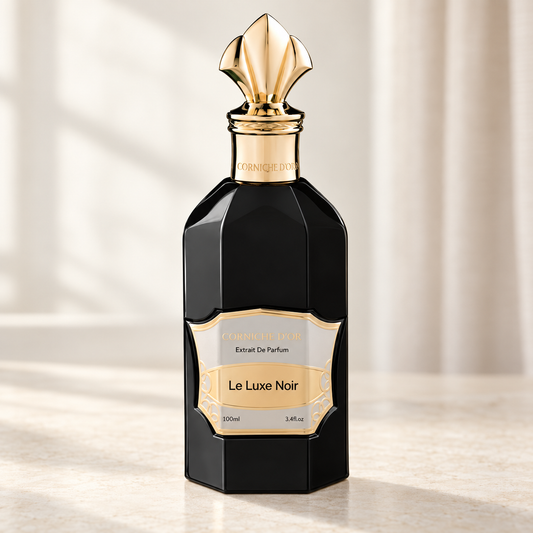 CORNICHE D'OR - LE LUXE NOIR, flacone frontale centrale ravvicinato con sfondo leggero