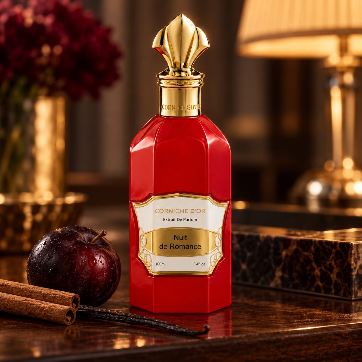 Corniche d'Or Nuit de Romance 100 ml, flacone in ambientazione ispirata alle note olfattive