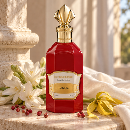 Corniche d'Or Rebelle 100 ml, flacone in ambientazione ispirata alle note olfattive