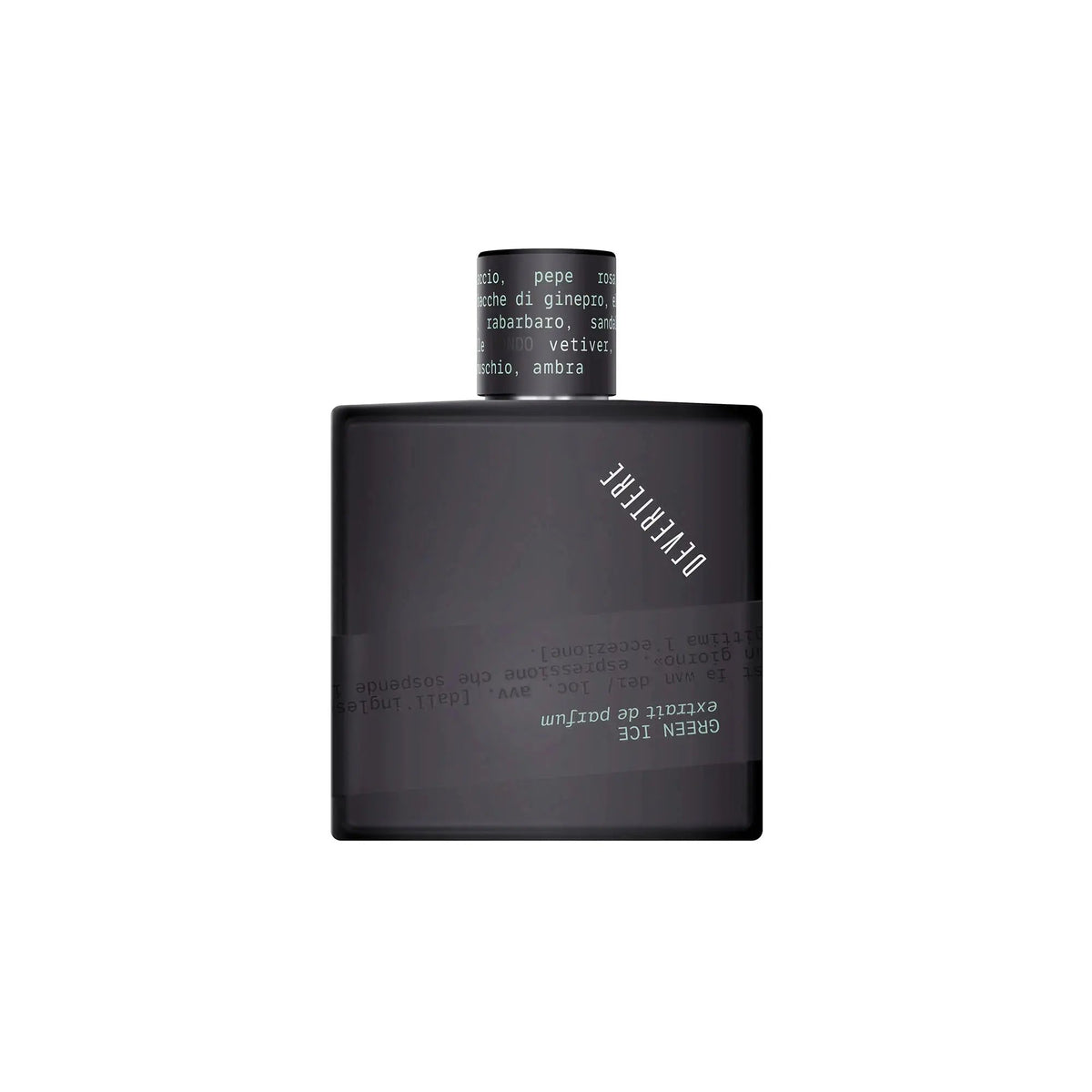 Devertere Green Ice – flacone nero con grafica delle note olfattive