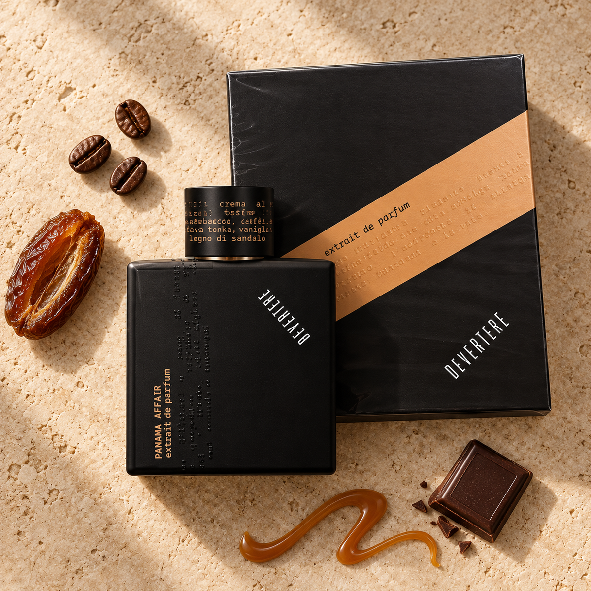 DEVERTERE - PANAMA AFFAIR, flacone e confezione in composizione flat lay