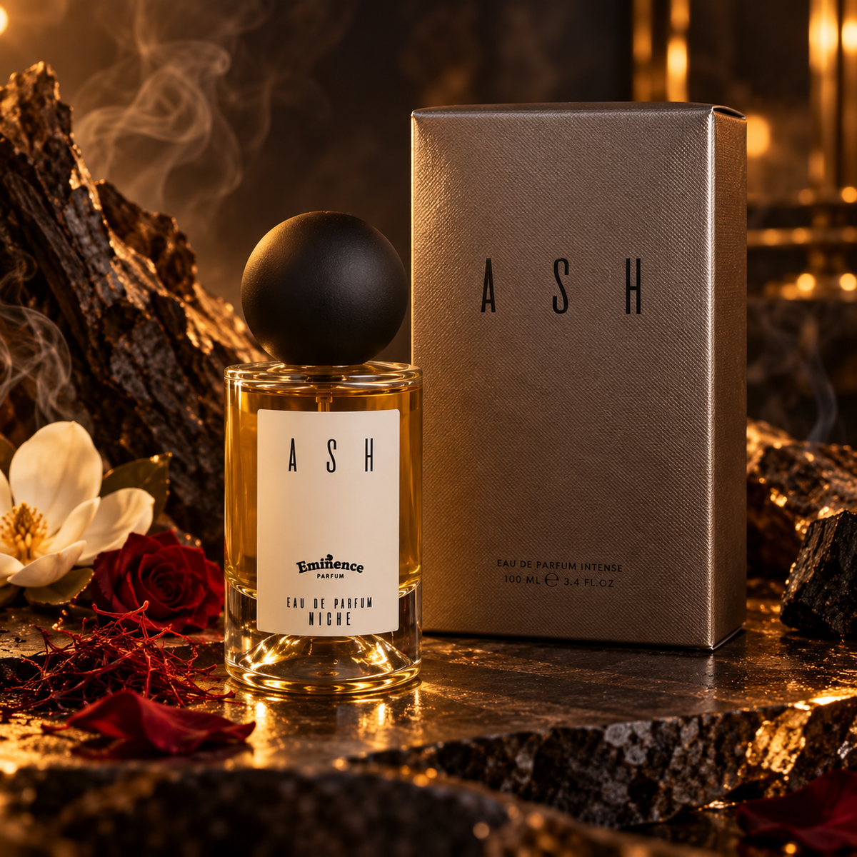 Eminence ASH 100 ml, ambientazione con cognac, zafferano e legni scuri
