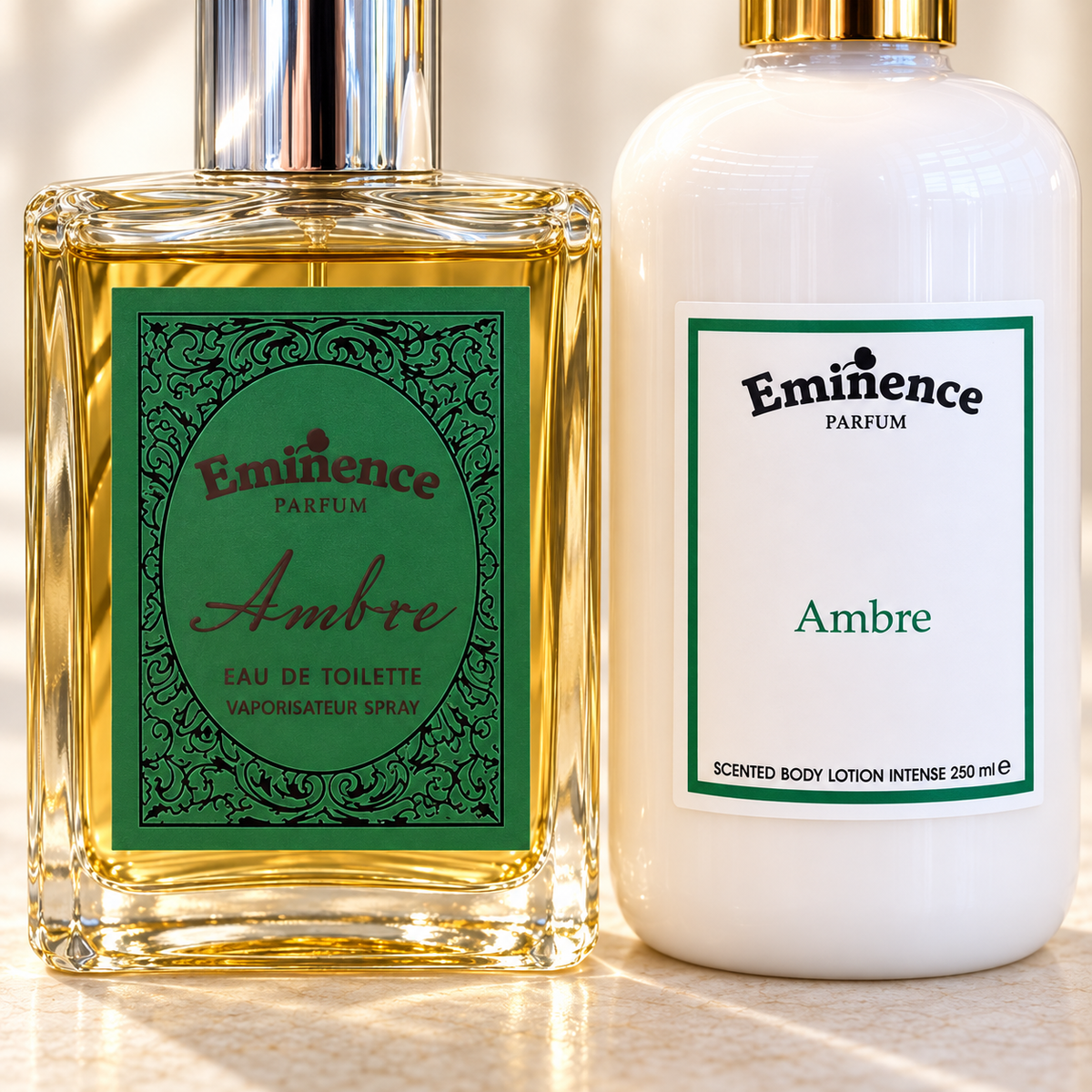 EMINENCE COMBO - AMBRE – Dettaglio delle etichette di profumo e crema corpo
