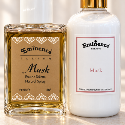 EMINENCE COMBO - MUSK – Dettaglio delle etichette di profumo e crema corpo