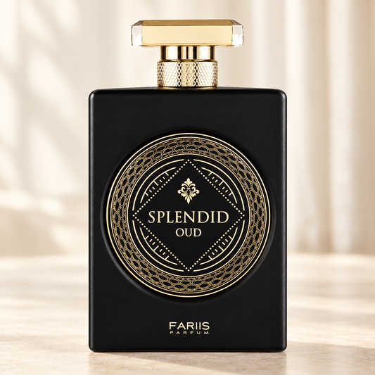 FARIIS - SPLENDID OUD, flacone frontale centrale ravvicinato con sfondo leggero