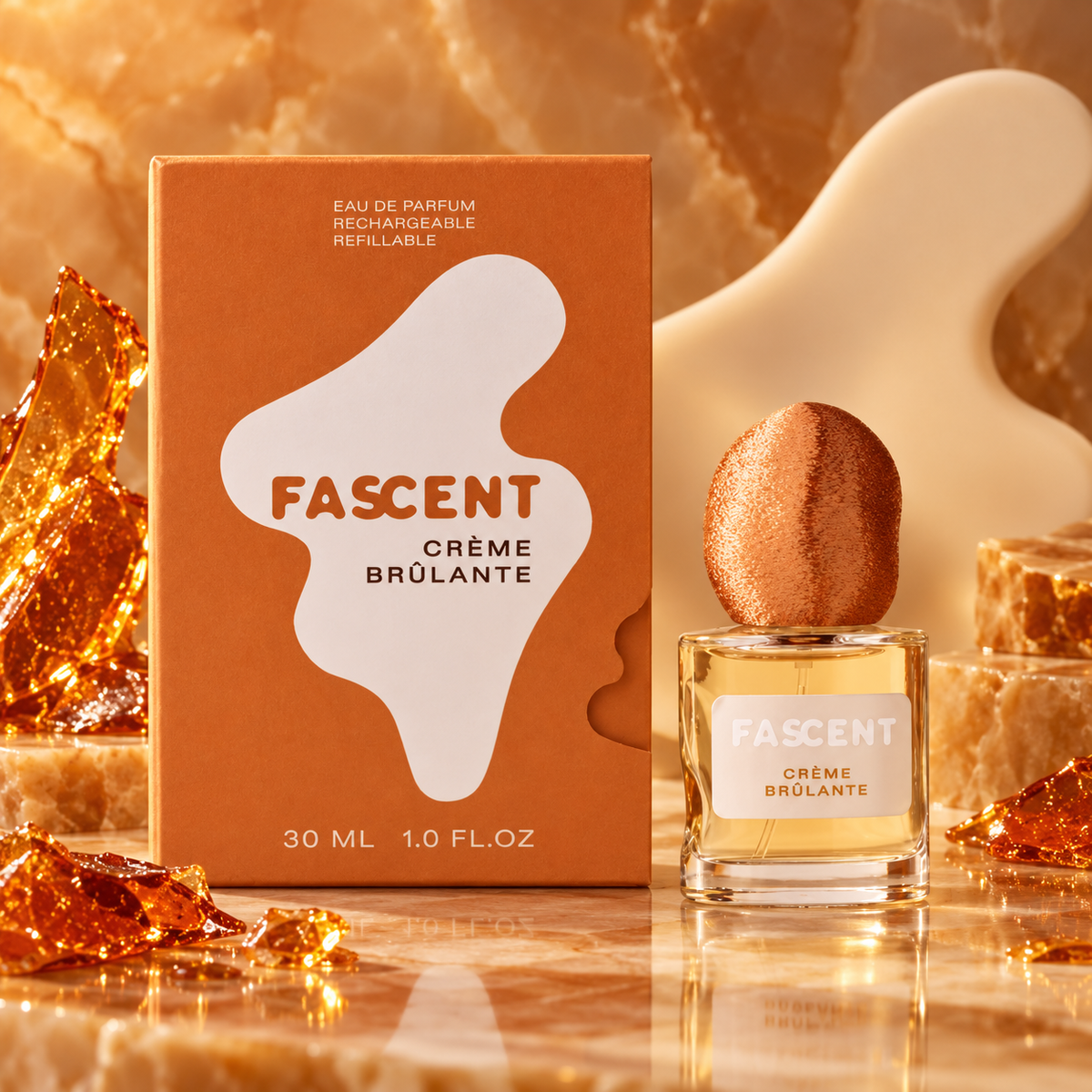 Fascent Crème Brûlante con confezione in ambientazione caramello e oro