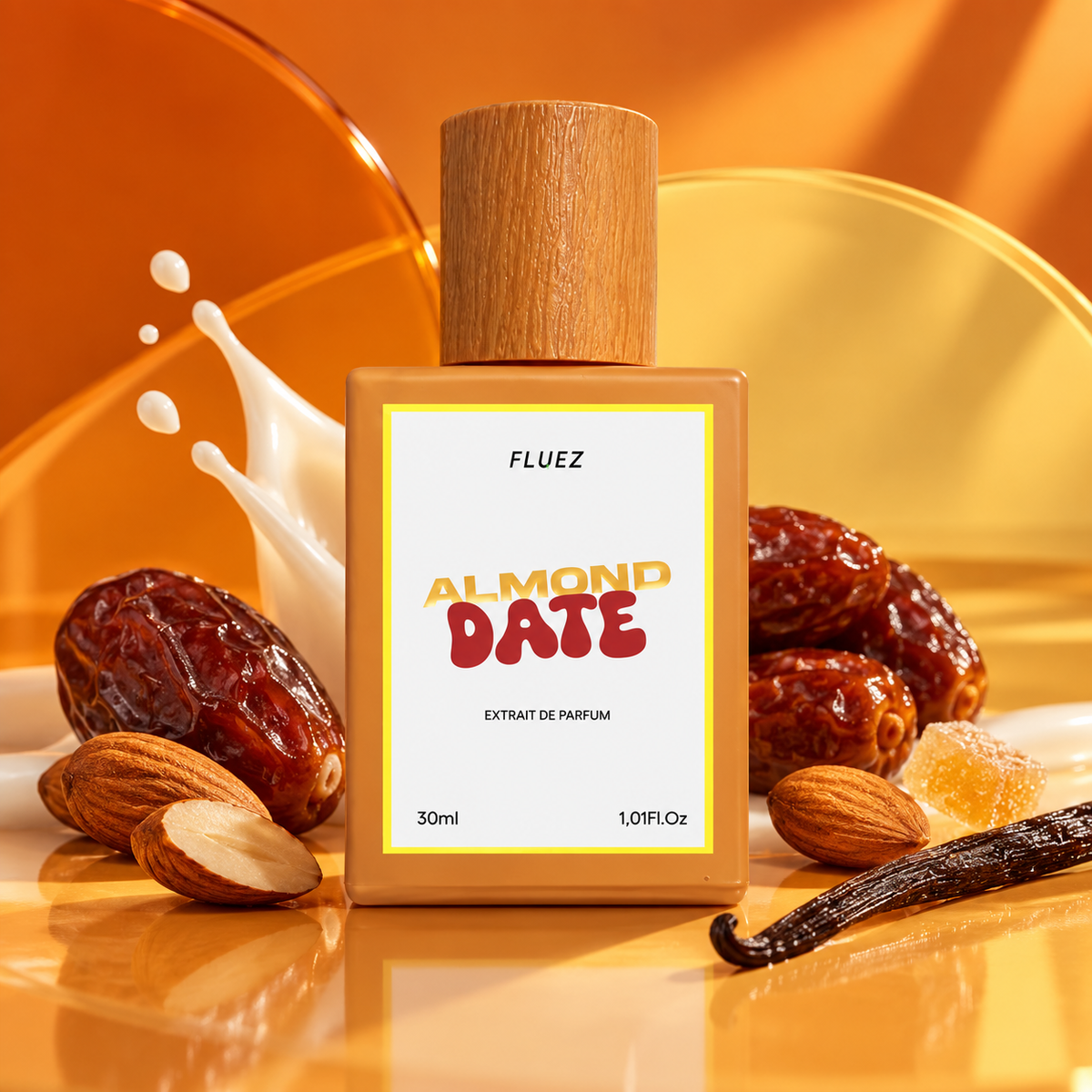 Fluez Almond Date tra mandorle, datteri e vaniglia su sfondo arancione