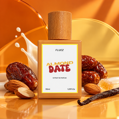 Fluez Almond Date tra mandorle, datteri e vaniglia su sfondo arancione