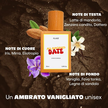 Piramide di Almond Date: latte di mandorla, zenzero e dattero; iris, mirra ed eliotropio; vaniglia, tonka e sandalo