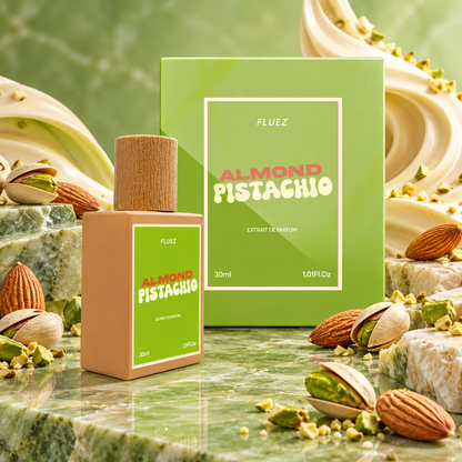 Fluez Almond Pistachio con confezione in still life gourmand