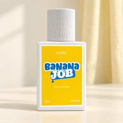 FLUEZ - BANANA JOB, flacone frontale centrale ravvicinato con sfondo leggero