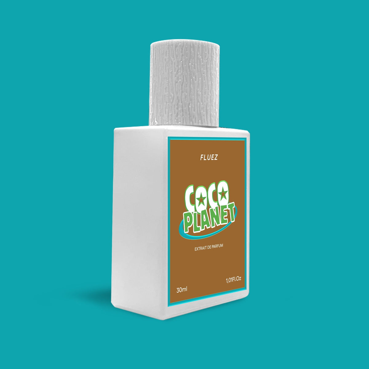 Fluez Coco Planet, flacone bianco visto di tre quarti su sfondo turchese