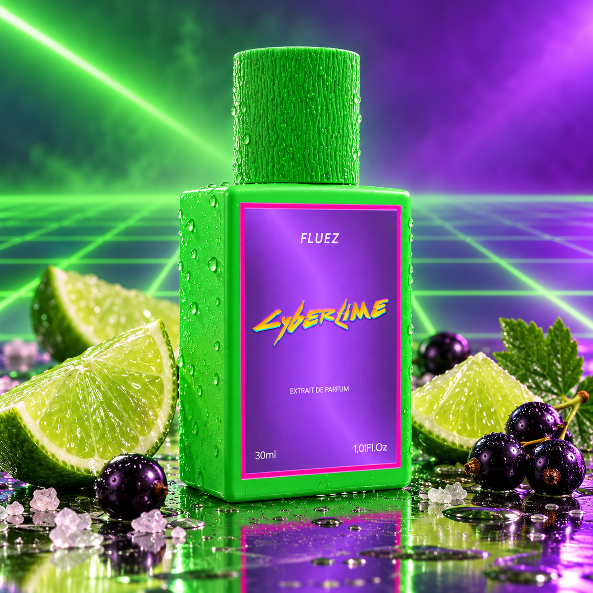 Fluez Cyberlime tra lime, ribes nero e cristalli di sale in luce verde e viola