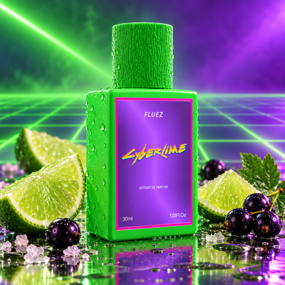 Fluez Cyberlime tra lime, ribes nero e cristalli di sale in luce verde e viola