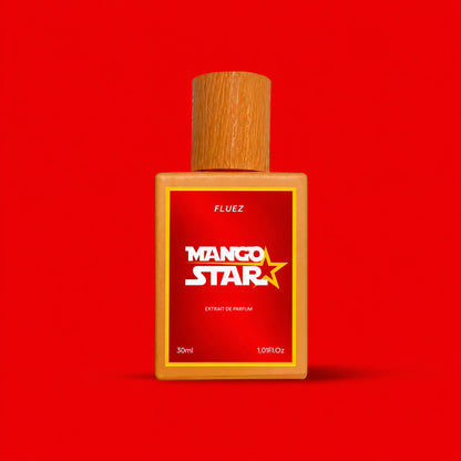 Fluez Mango Star, flacone frontale arancione su sfondo rosso