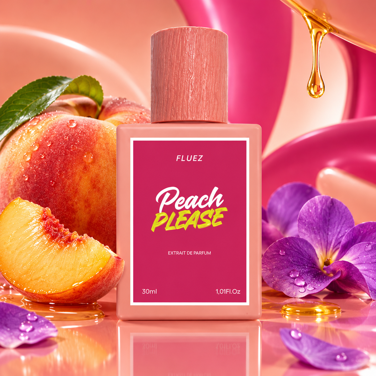 Fluez Peach Please tra pesche, violette e miele su sfondo rosa