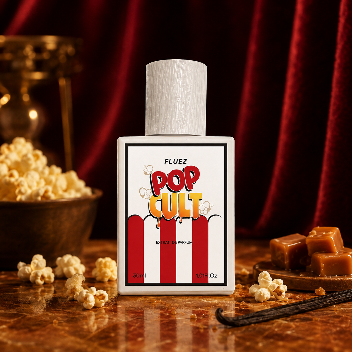 Fluez Popcult 30 ml, flacone in primo piano con popcorn, caramello e vaniglia