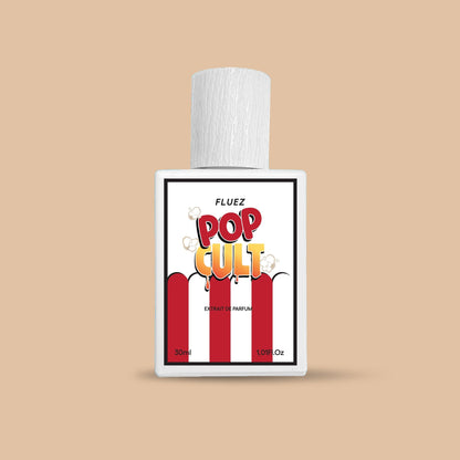 Fluez Popcult, flacone bianco frontale su sfondo beige