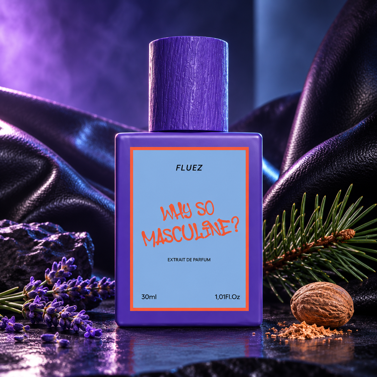 Fluez Why So Masculine? tra lavanda, cuoio e pino in luce viola