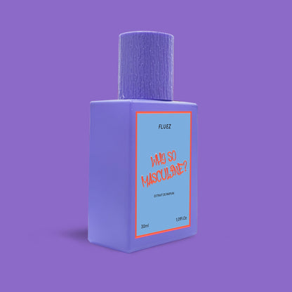 Fluez Why So Masculine?, flacone viola visto di tre quarti su sfondo viola