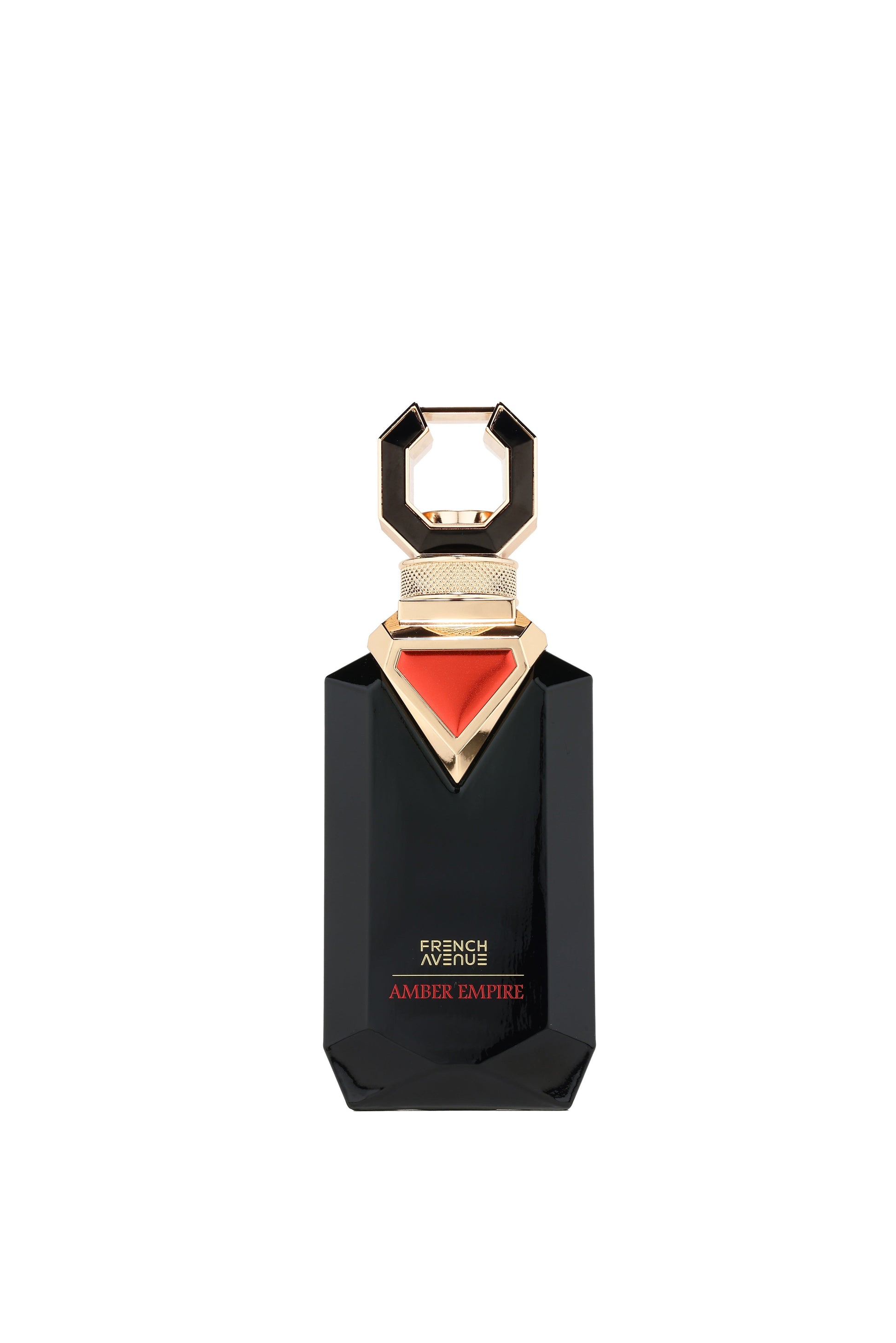 French Avenue Amber Empire Eau de Parfum 100 ml – flacone nero e rosso frontale