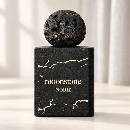 FRENCH AVENUE - MOONSTONE NOIRE, flacone frontale centrale ravvicinato con sfondo leggero