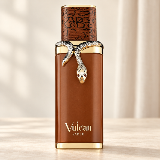 FRENCH AVENUE - VULCAN SABLE, flacone frontale centrale ravvicinato con sfondo leggero