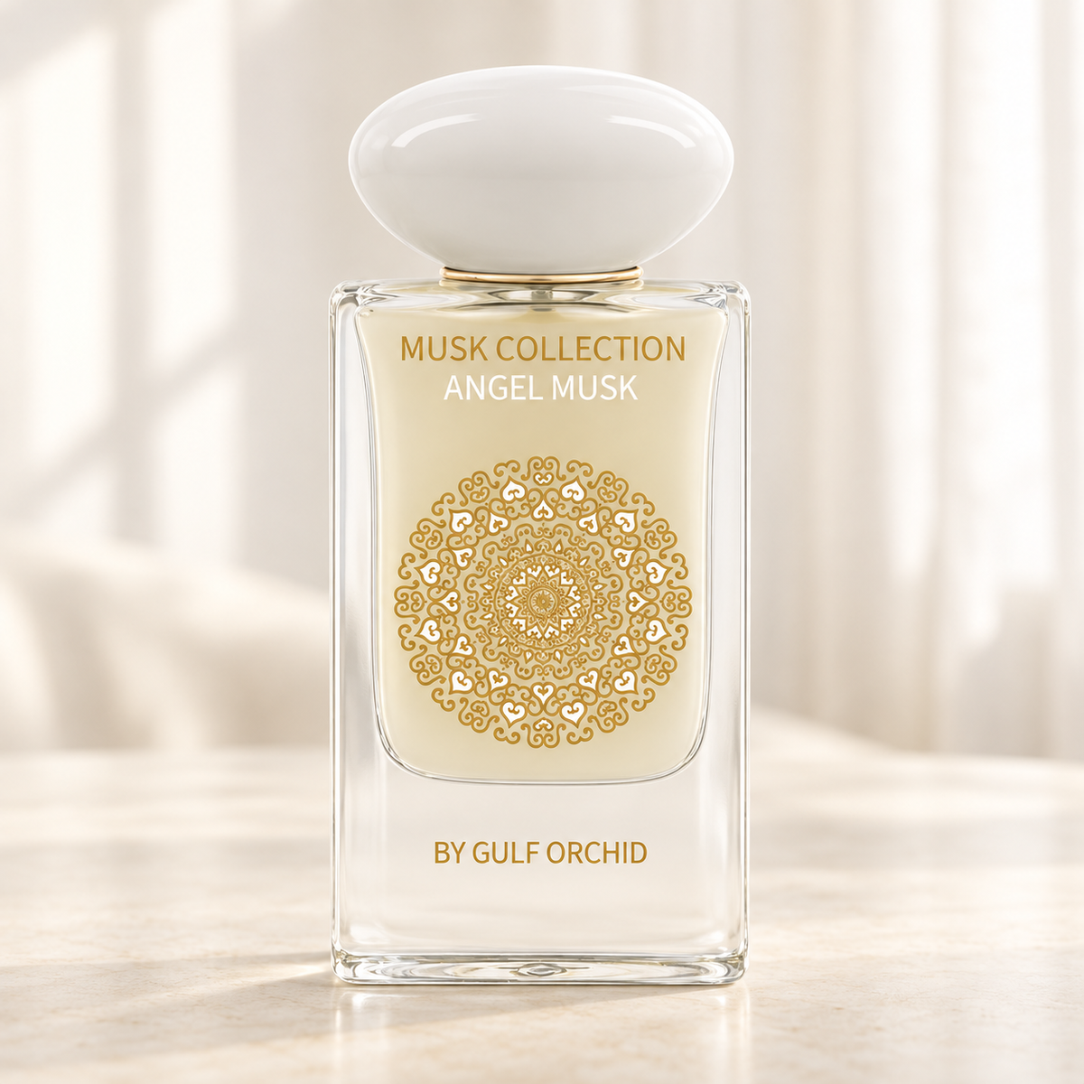 GULF ORCHID - ANGEL MUSK, flacone frontale centrale ravvicinato con sfondo leggero