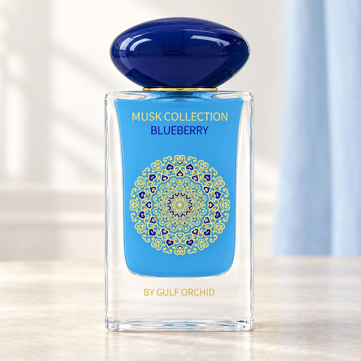 GULF ORCHID - BLUEBERRY, flacone frontale centrale ravvicinato con sfondo leggero