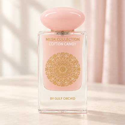 GULF ORCHID - COTTON CANDY, flacone frontale centrale ravvicinato con sfondo leggero