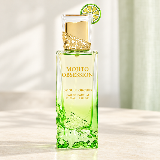 GULF ORCHID - MOJITO OBSESSION, flacone frontale centrale ravvicinato con sfondo leggero